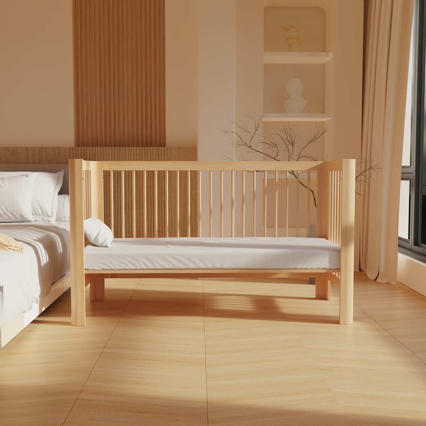Dynamite Natural Wood Toddler Side Bed Attached Adult Bed Safety Spindle Cot