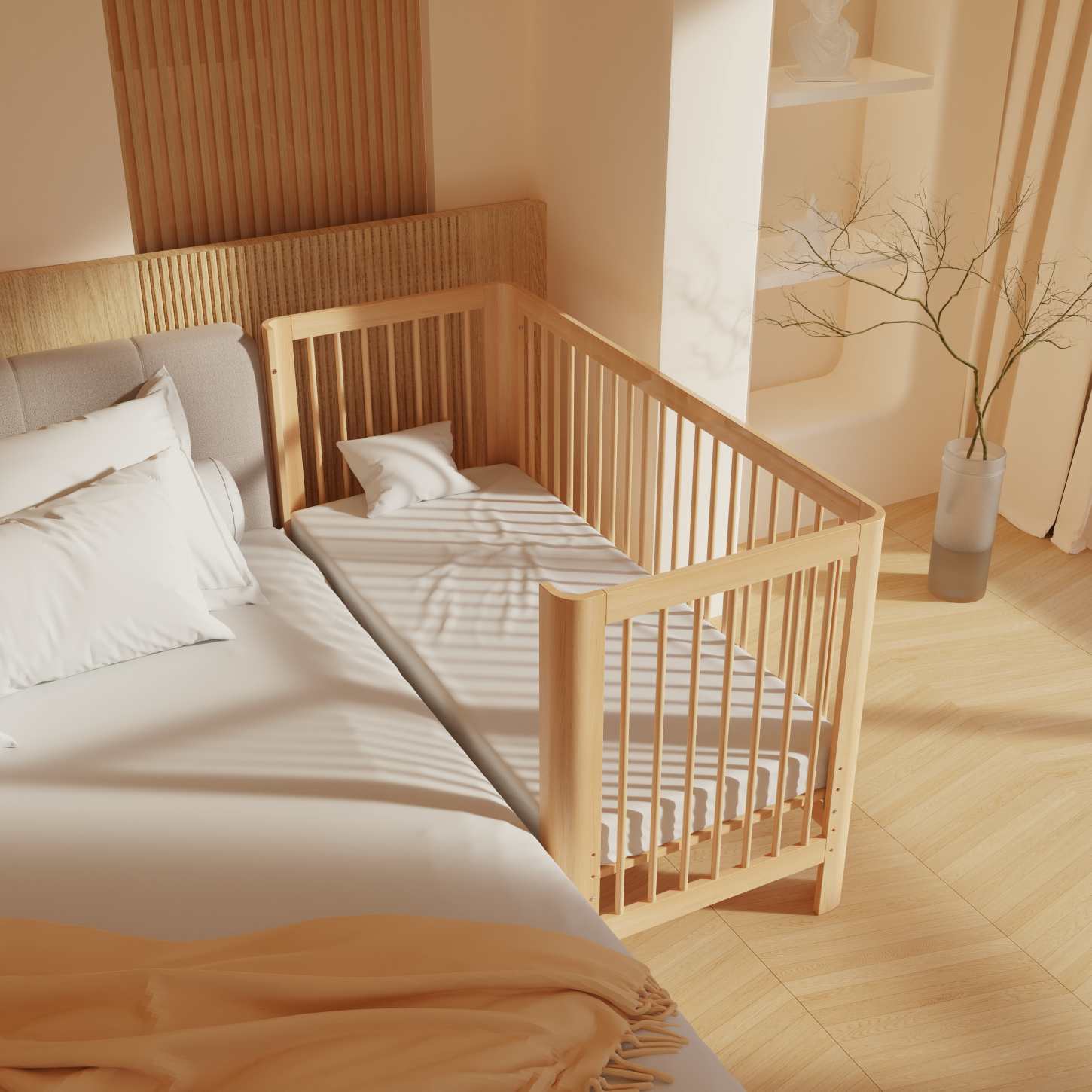 Dynamite Natural Wood Toddler Side Bed Attached Adult Bed Safety Spindle Cot