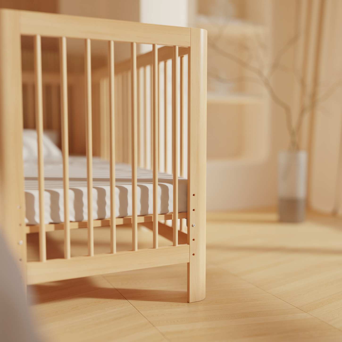 Dynamite Natural Wood Toddler Side Bed Attached Adult Bed Safety Spindle Cot