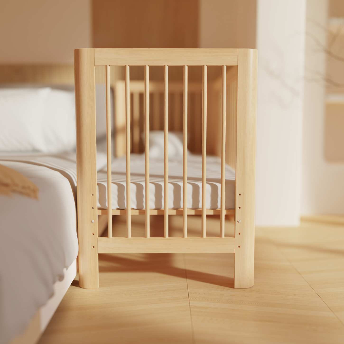 Dynamite Natural Wood Toddler Side Bed Attached Adult Bed Safety Spindle Cot