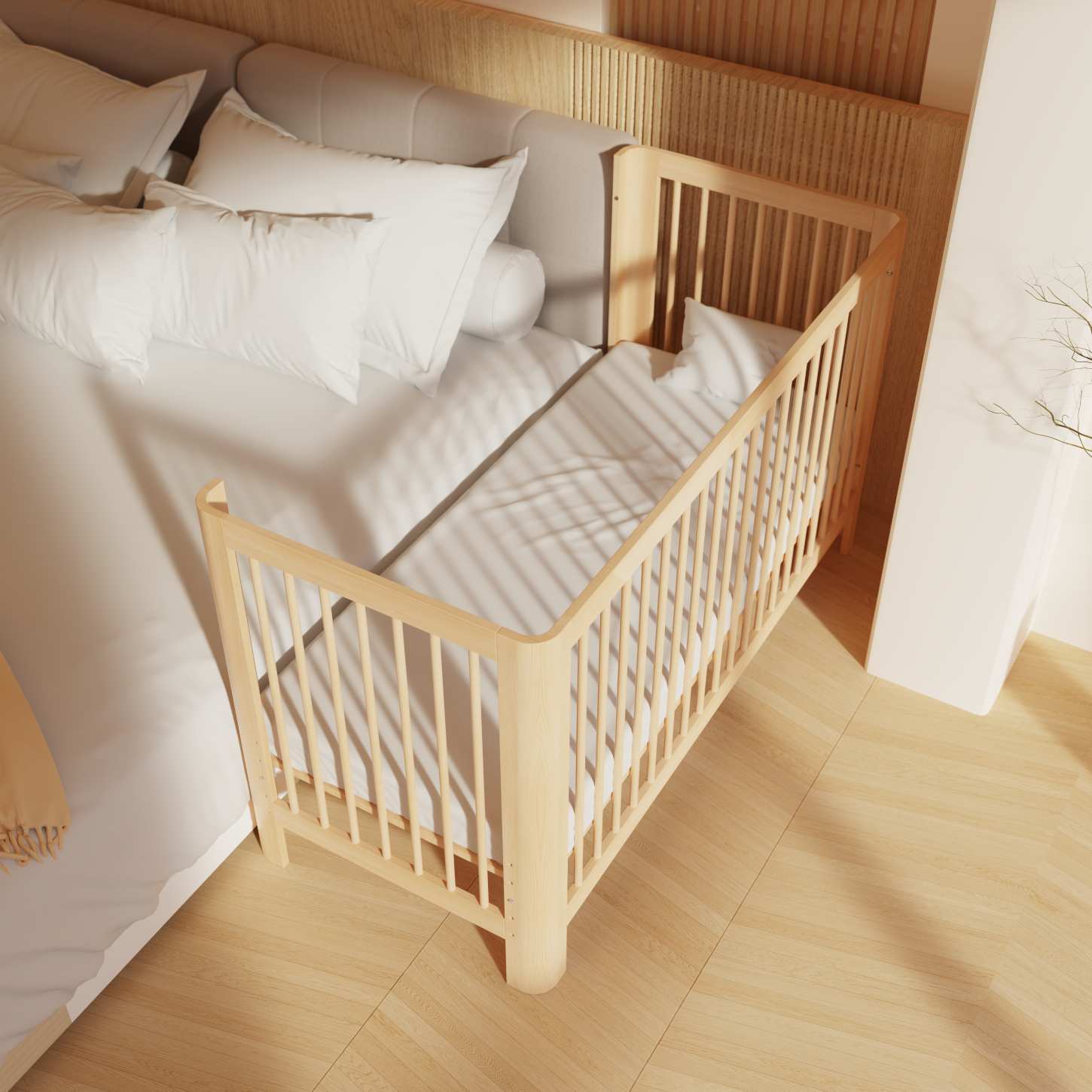 Dynamite Natural Wood Toddler Side Bed Attached Adult Bed Safety Spindle Cot