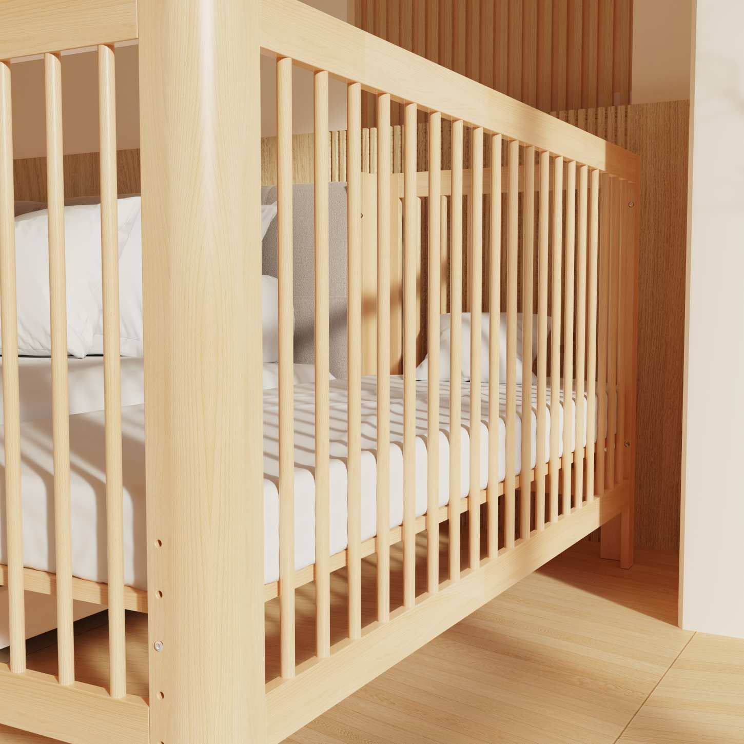 Dynamite Natural Wood Toddler Side Bed Attached Adult Bed Safety Spindle Cot