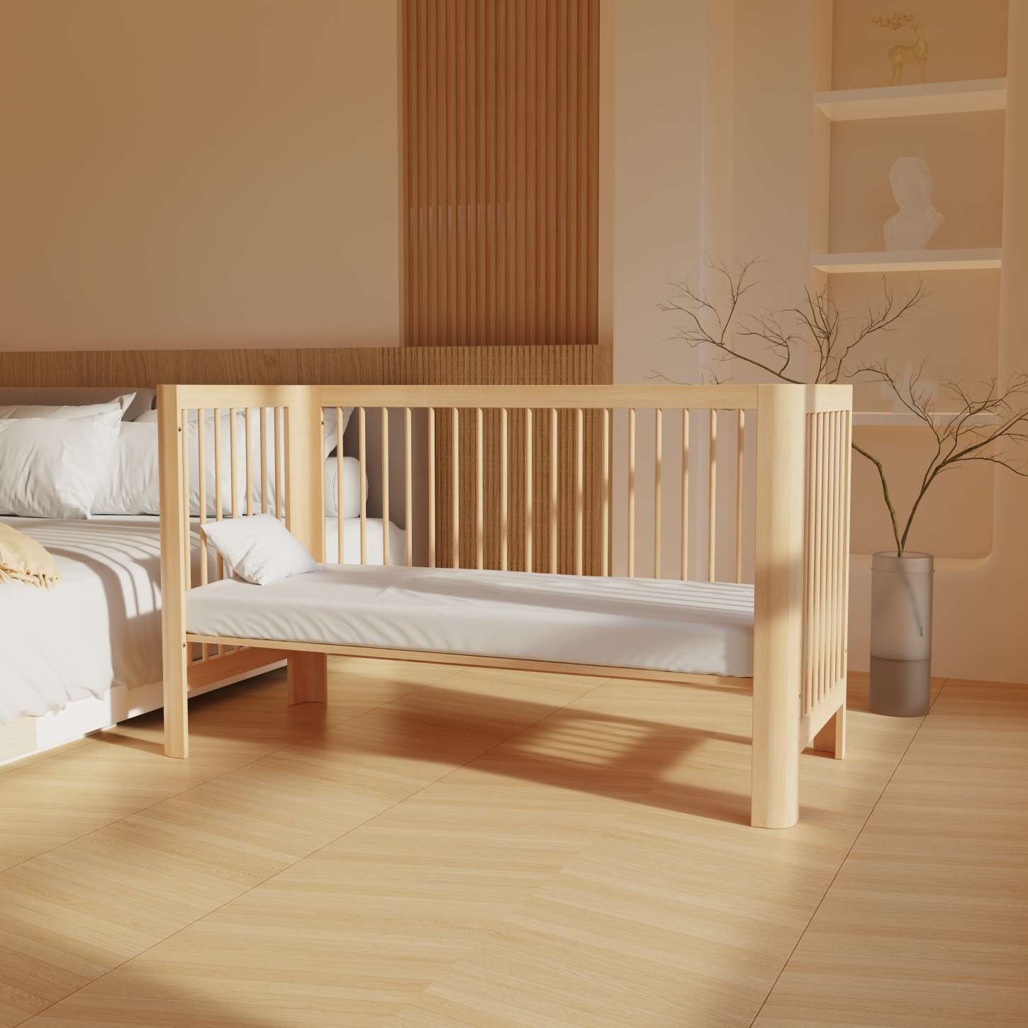 Dynamite Natural Wood Toddler Side Bed Attached Adult Bed Safety Spindle Cot