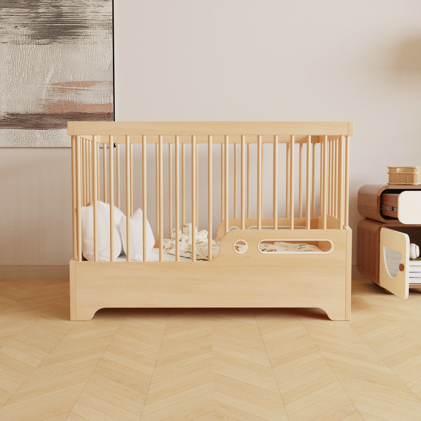 Dynamite Natural Wood Convertible Baby Crib Full Round Spindle Safety Infant Cot
