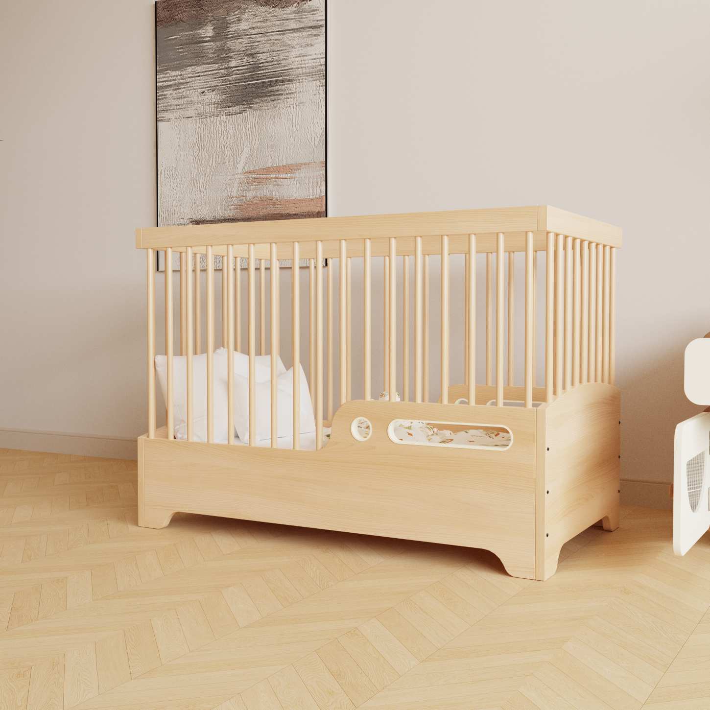 Dynamite Natural Wood Convertible Baby Crib Full Round Spindle Safety Infant Cot