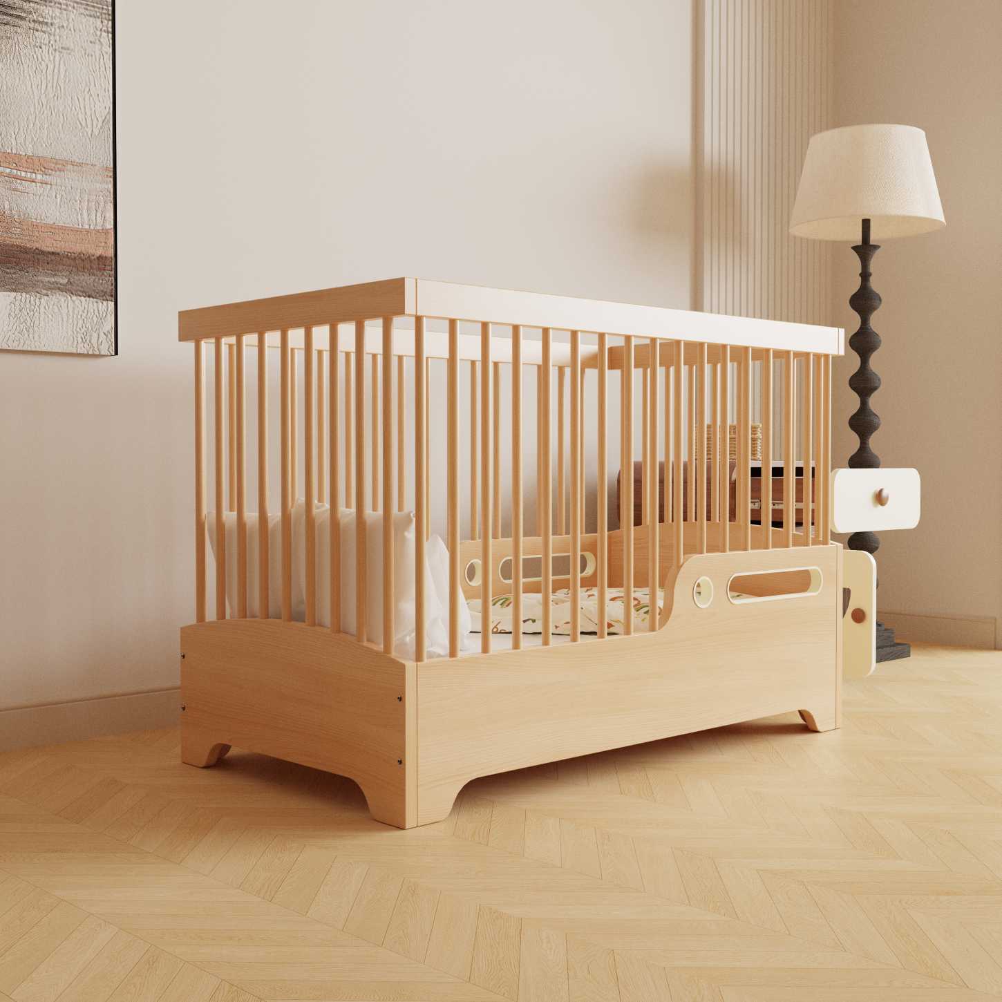 Dynamite Natural Wood Convertible Baby Crib Full Round Spindle Safety Infant Cot