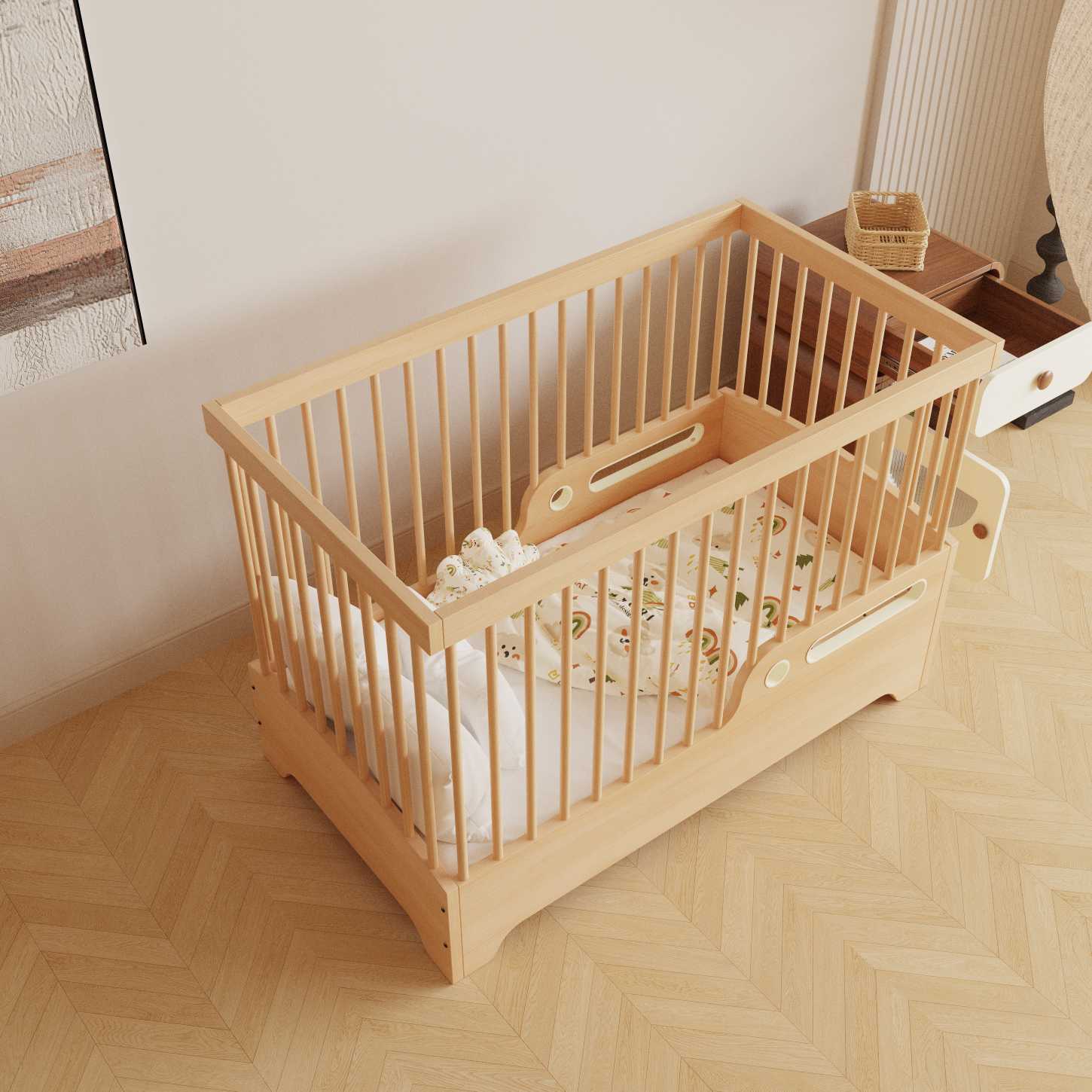 Dynamite Natural Wood Convertible Baby Crib Full Round Spindle Safety Infant Cot