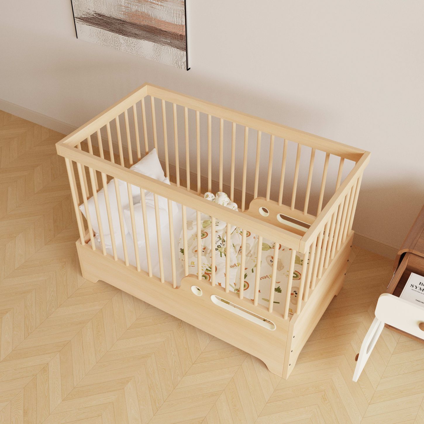 Dynamite Natural Wood Convertible Baby Crib Full Round Spindle Safety Infant Cot
