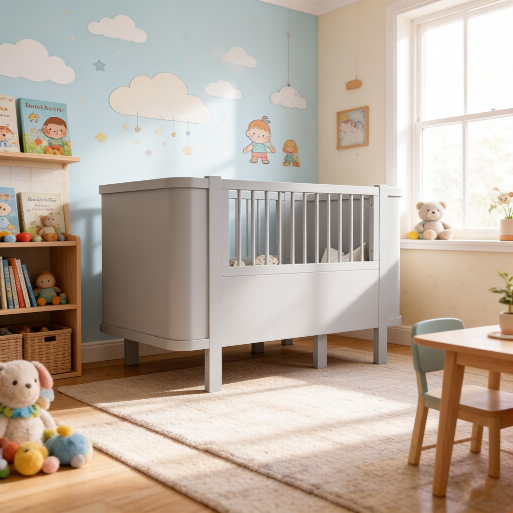 Dynamite Light Gray Solid Wood Convertible Baby Crib With Rounded Side Panel Safe Spindle Infant Cot