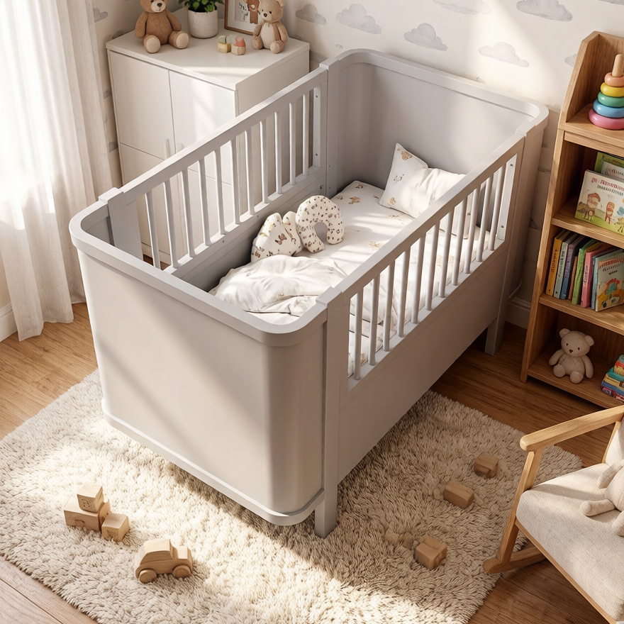 Dynamite Light Gray Solid Wood Convertible Baby Crib With Rounded Side Panel Safe Spindle Infant Cot