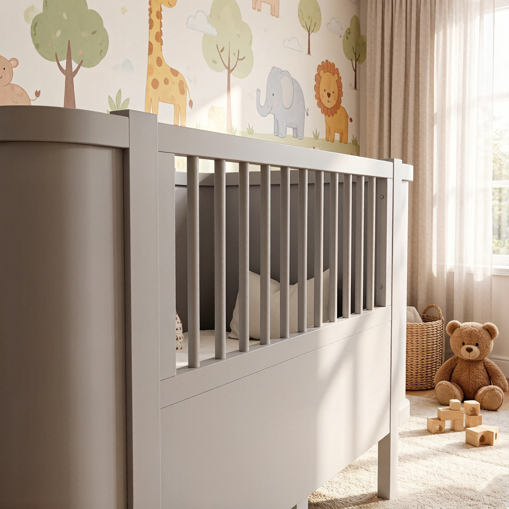 Dynamite Light Gray Solid Wood Convertible Baby Crib With Rounded Side Panel Safe Spindle Infant Cot