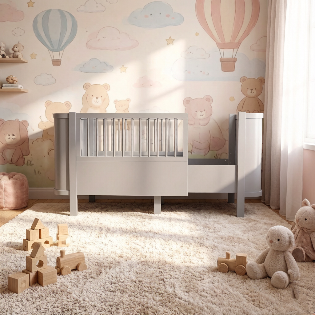 Dynamite Light Gray Solid Wood Convertible Baby Crib With Rounded Side Panel Safe Spindle Infant Cot