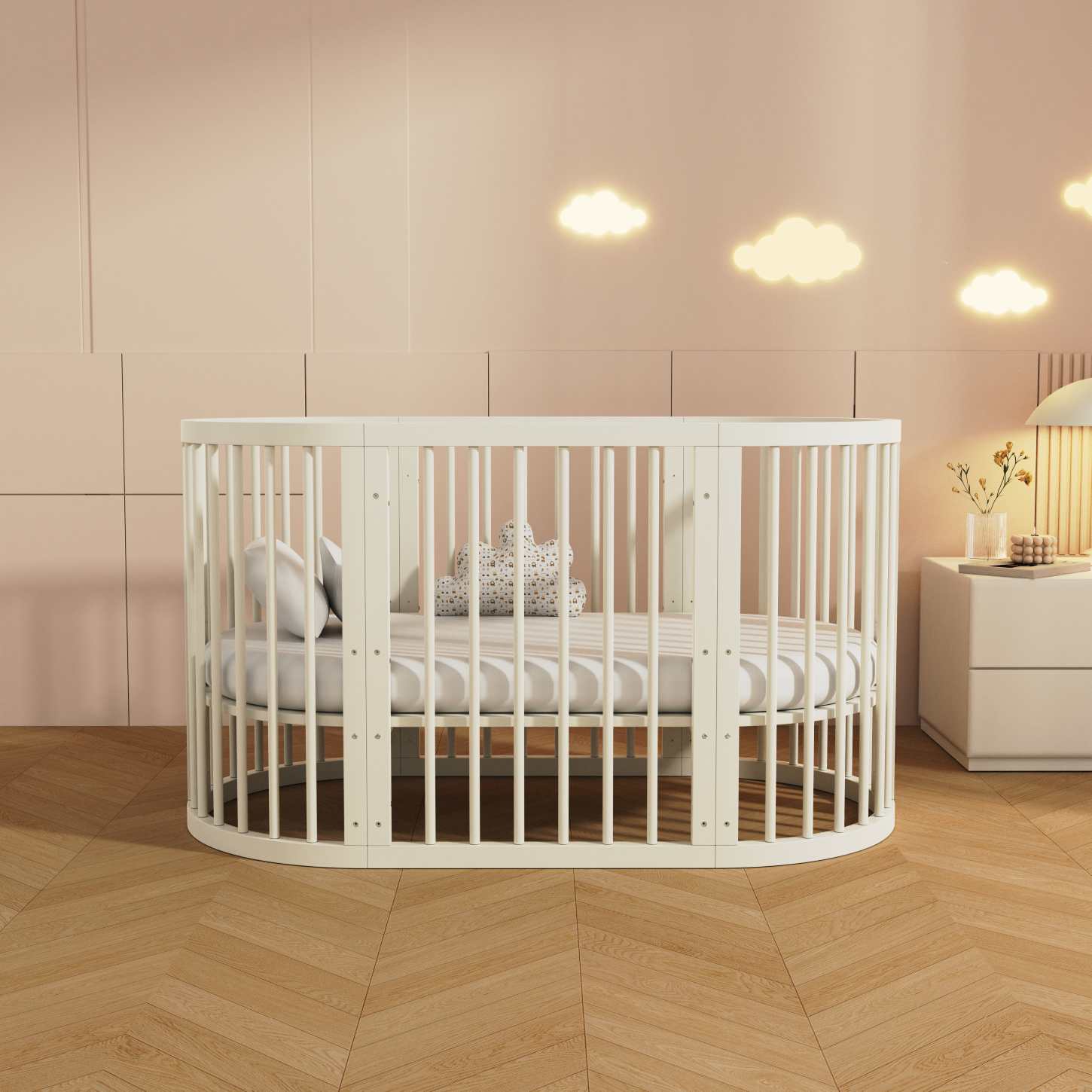 Dynamite Cream Oval Solid Wood Convertible Baby Crib Full Surround Safety Spindle Infant Cot