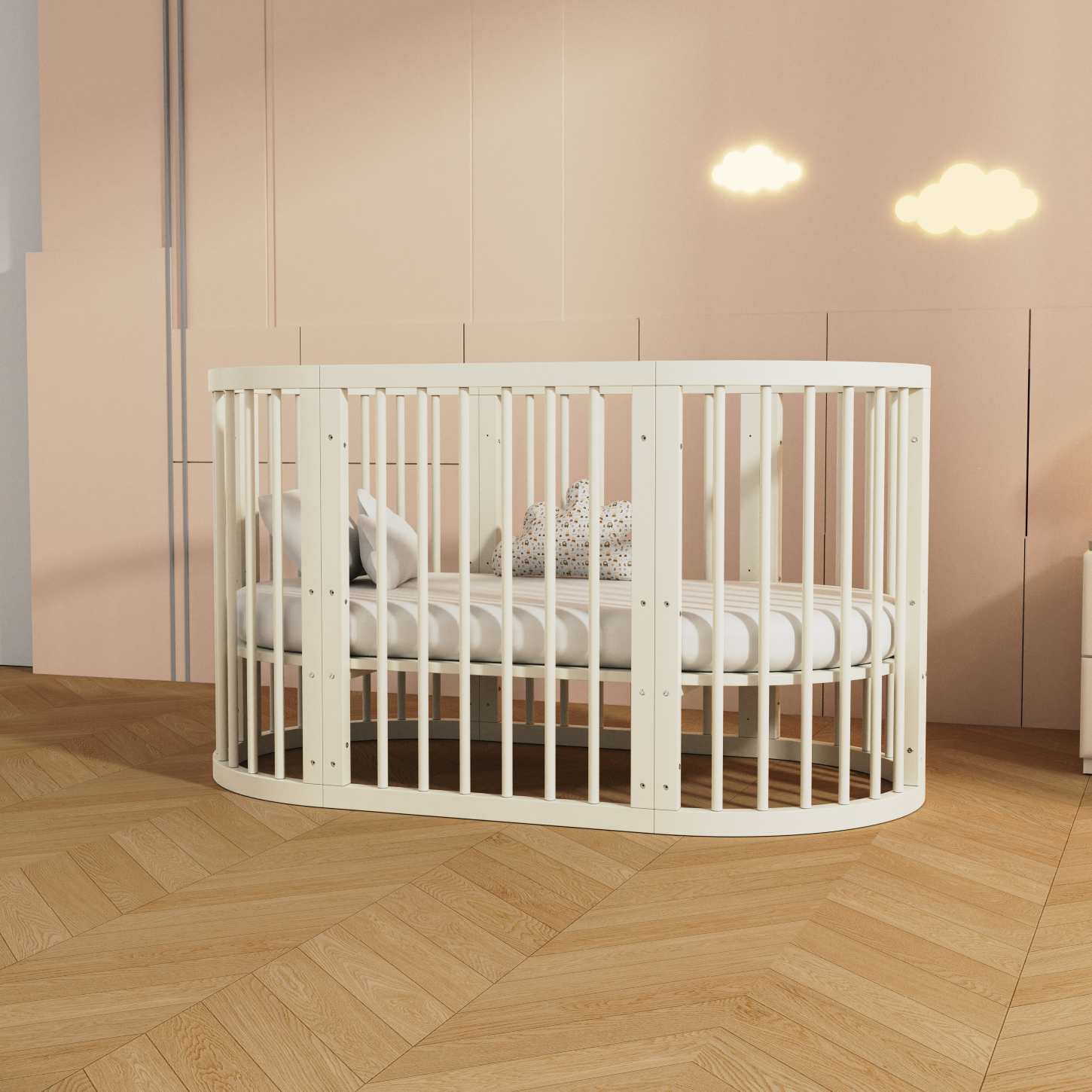 Dynamite Cream Oval Solid Wood Convertible Baby Crib Full Surround Safety Spindle Infant Cot