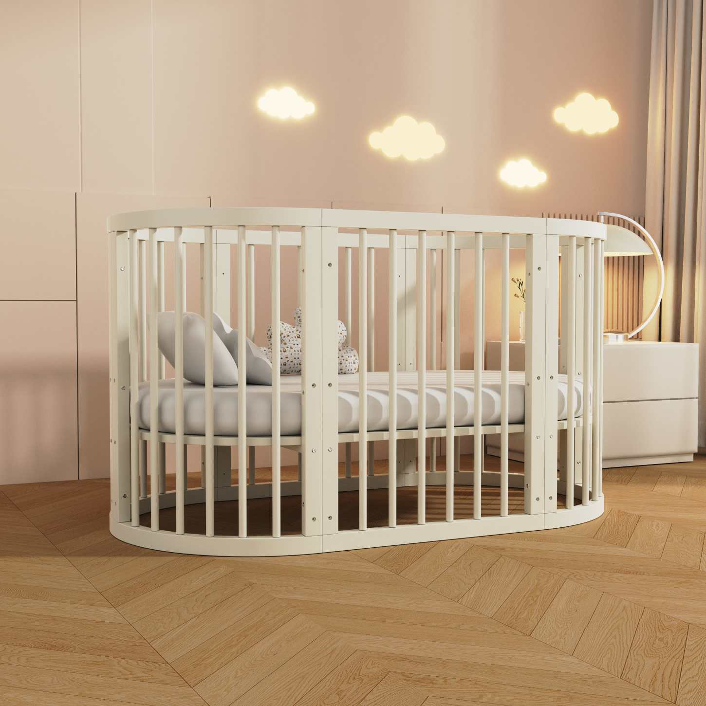 Dynamite Cream Oval Solid Wood Convertible Baby Crib Full Surround Safety Spindle Infant Cot