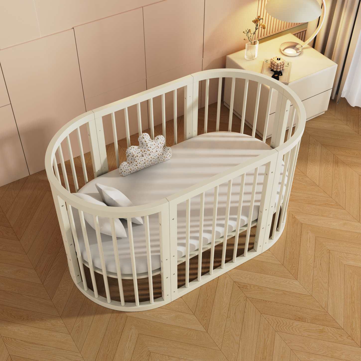 Dynamite Cream Oval Solid Wood Convertible Baby Crib Full Surround Safety Spindle Infant Cot