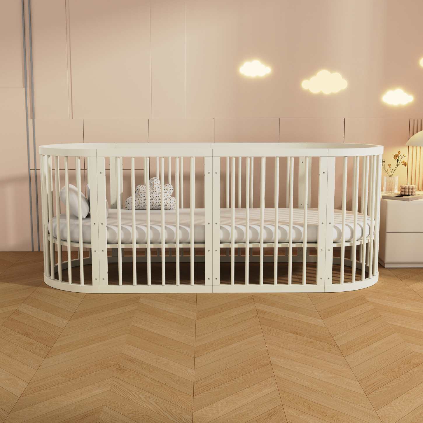 Dynamite Cream Oval Solid Wood Convertible Baby Crib Full Surround Safety Spindle Infant Cot