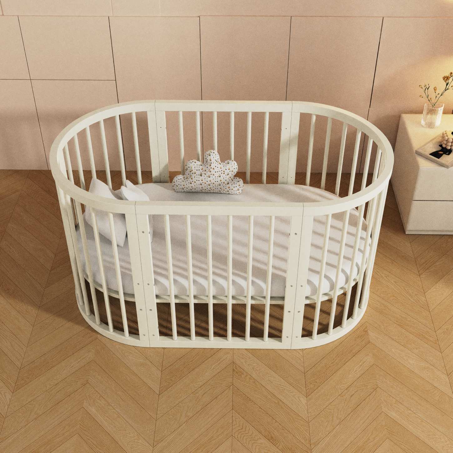 Dynamite Cream Oval Solid Wood Convertible Baby Crib Full Surround Safety Spindle Infant Cot