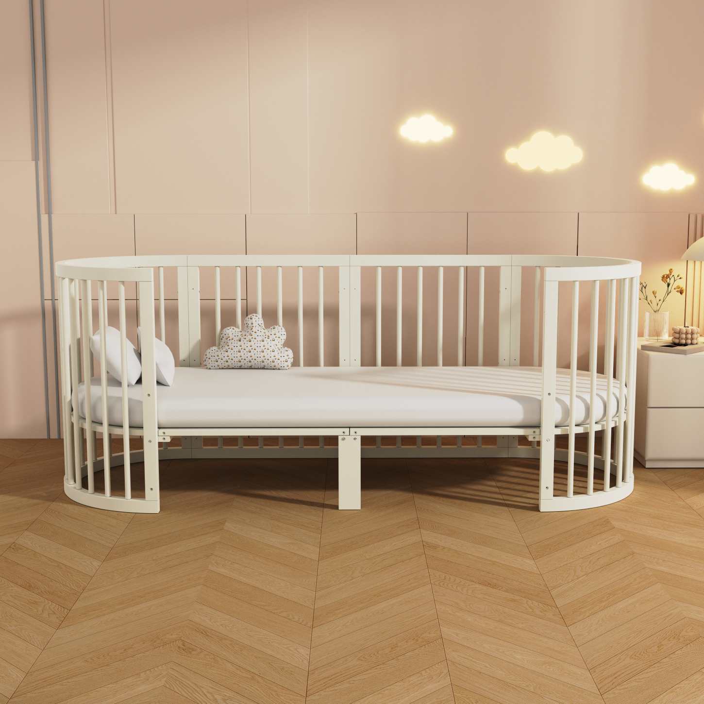Dynamite Cream Oval Solid Wood Convertible Baby Crib Full Surround Safety Spindle Infant Cot