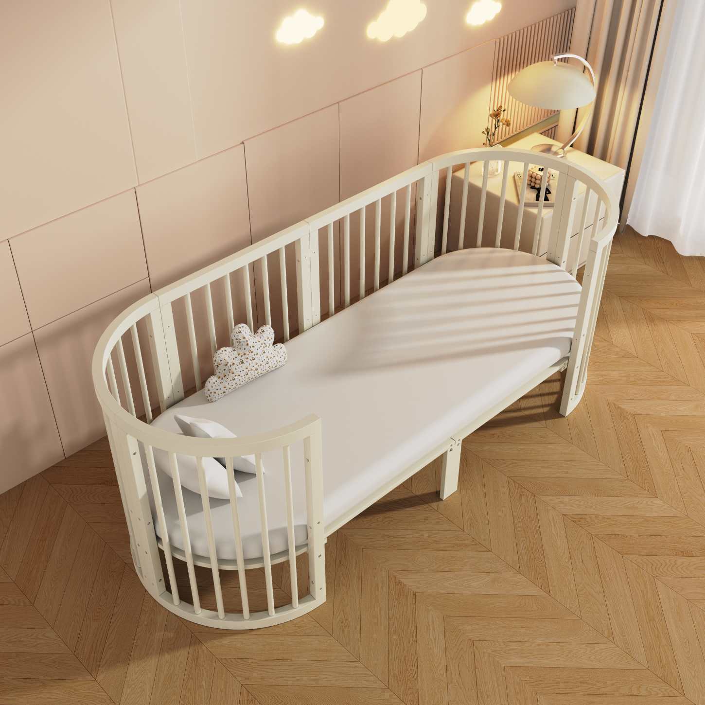 Dynamite Cream Oval Solid Wood Convertible Baby Crib Full Surround Safety Spindle Infant Cot