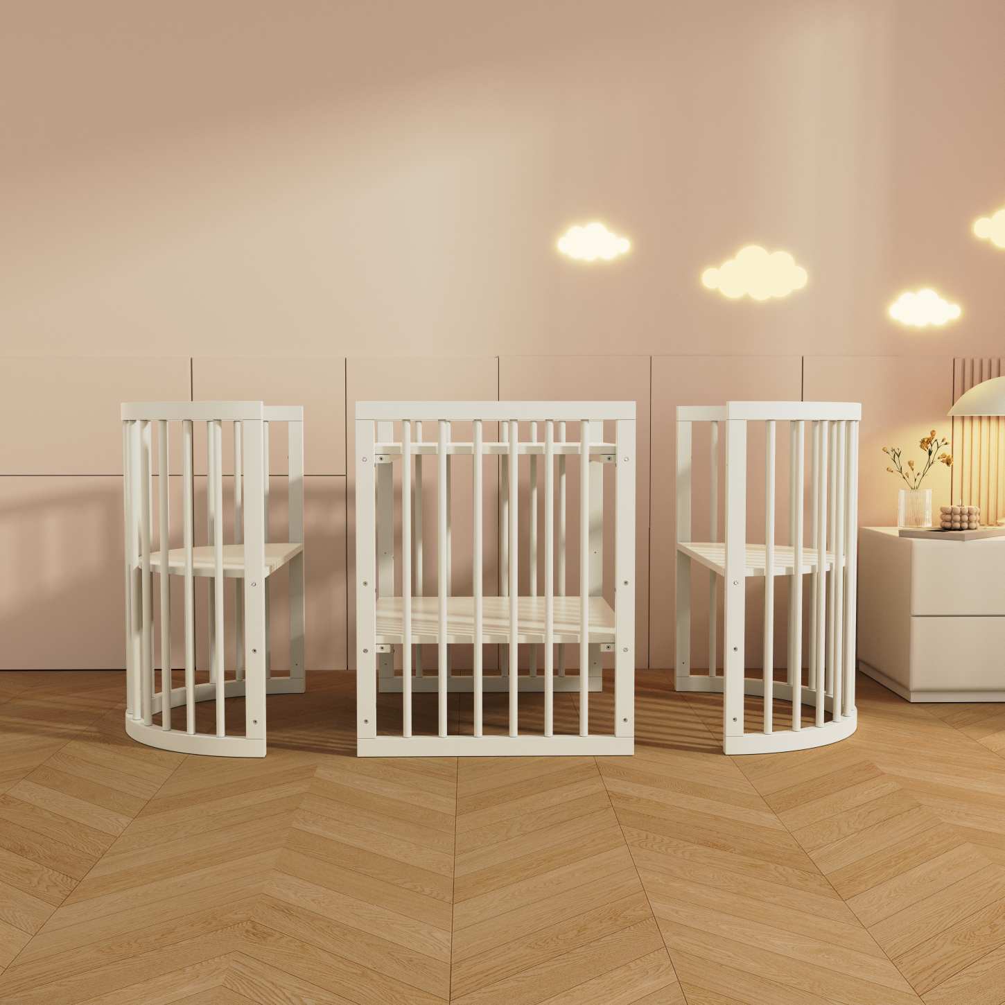 Dynamite Cream Oval Solid Wood Convertible Baby Crib Full Surround Safety Spindle Infant Cot