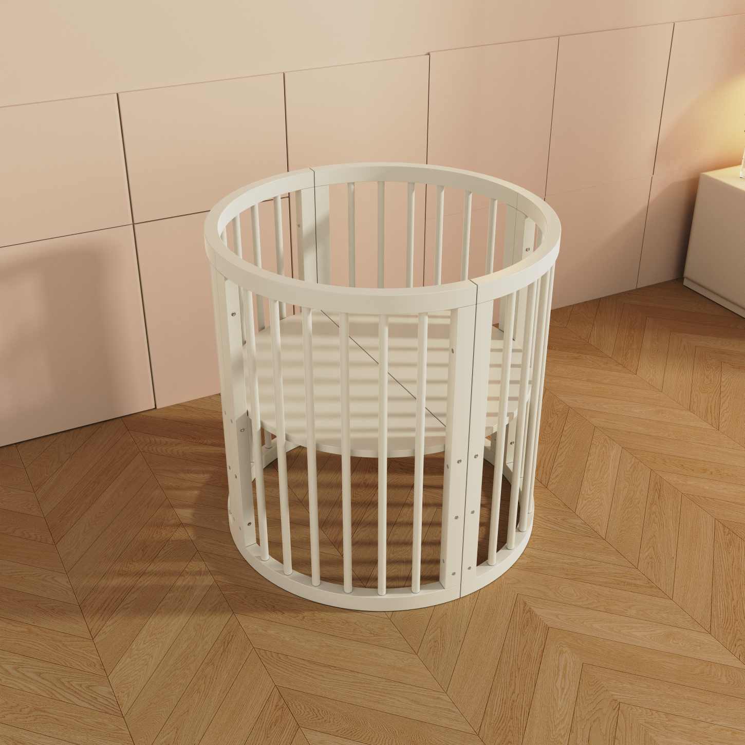 Dynamite Cream Oval Solid Wood Convertible Baby Crib Full Surround Safety Spindle Infant Cot