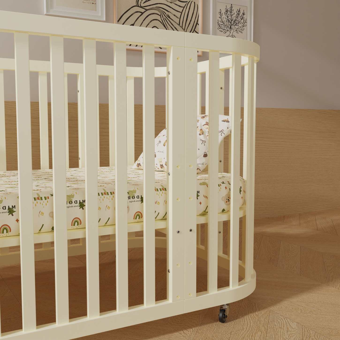 Dynamite Cream Rounded Rectangle Solid Wood Convertible Baby Crib Full Safety Spindle Cot