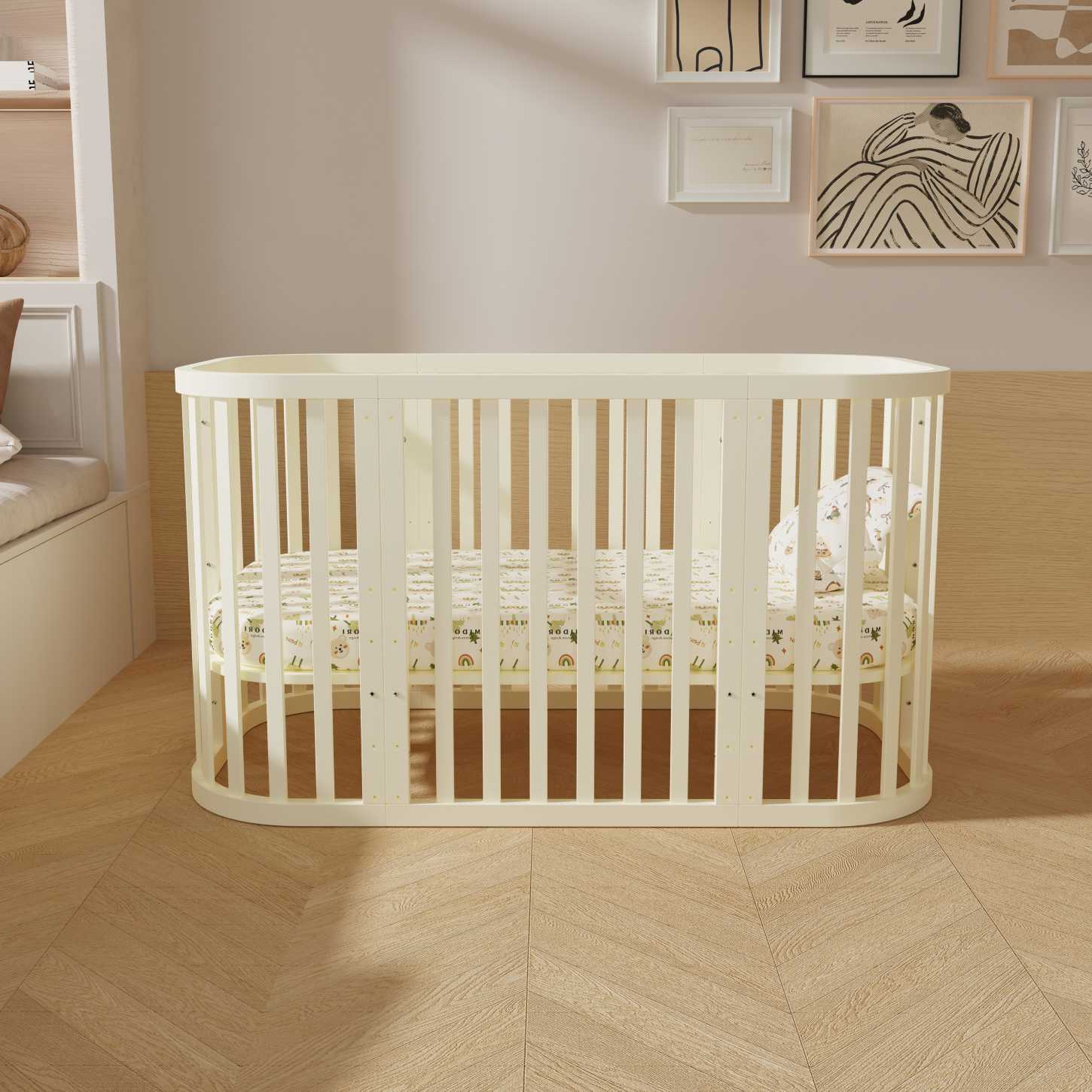 Dynamite Cream Rounded Rectangle Solid Wood Convertible Baby Crib Full Safety Spindle Cot