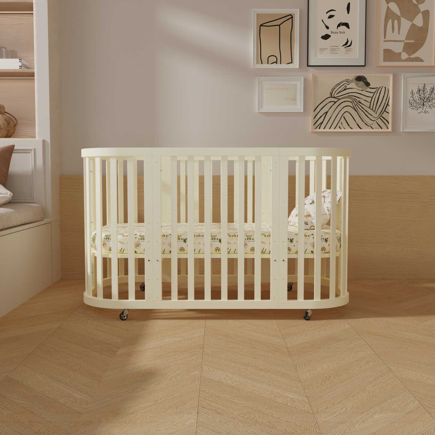 Dynamite Cream Rounded Rectangle Solid Wood Convertible Baby Crib Full Safety Spindle Cot