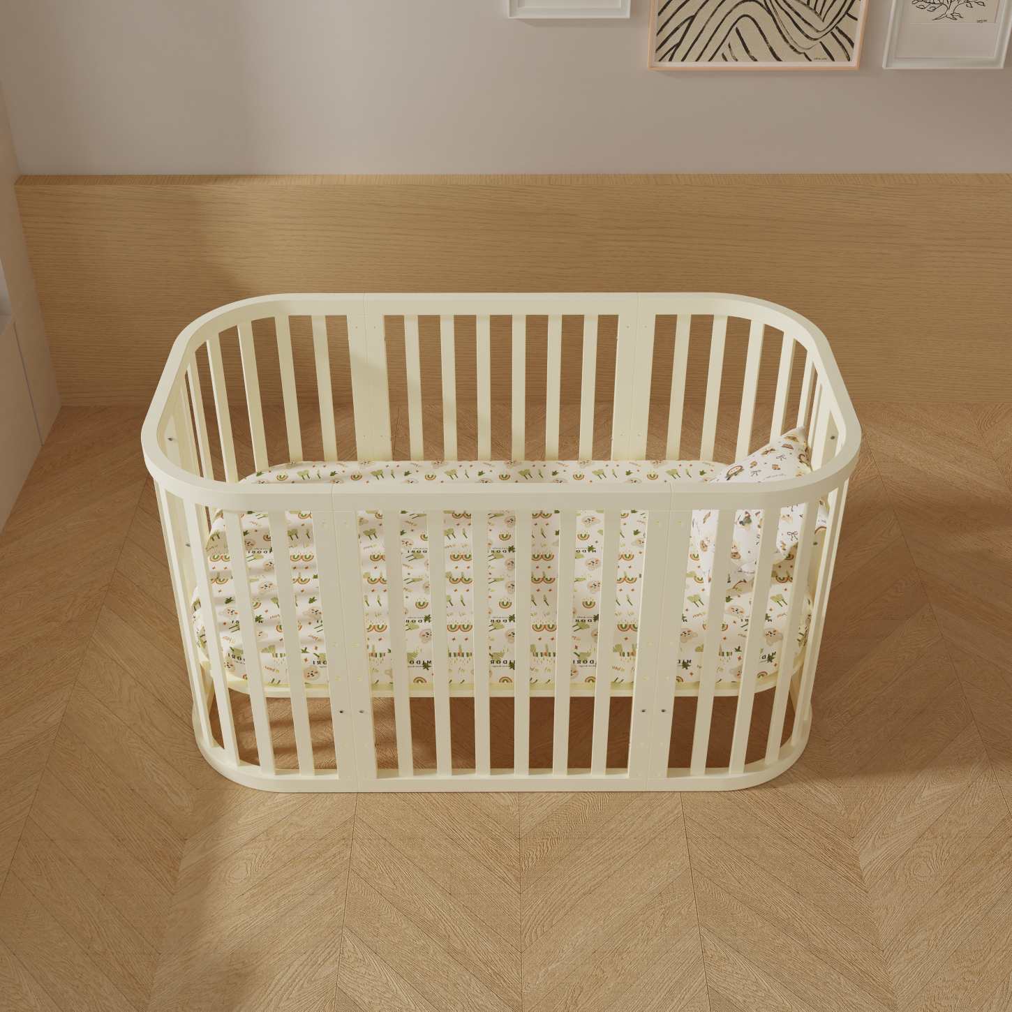 Dynamite Cream Rounded Rectangle Solid Wood Convertible Baby Crib Full Safety Spindle Cot