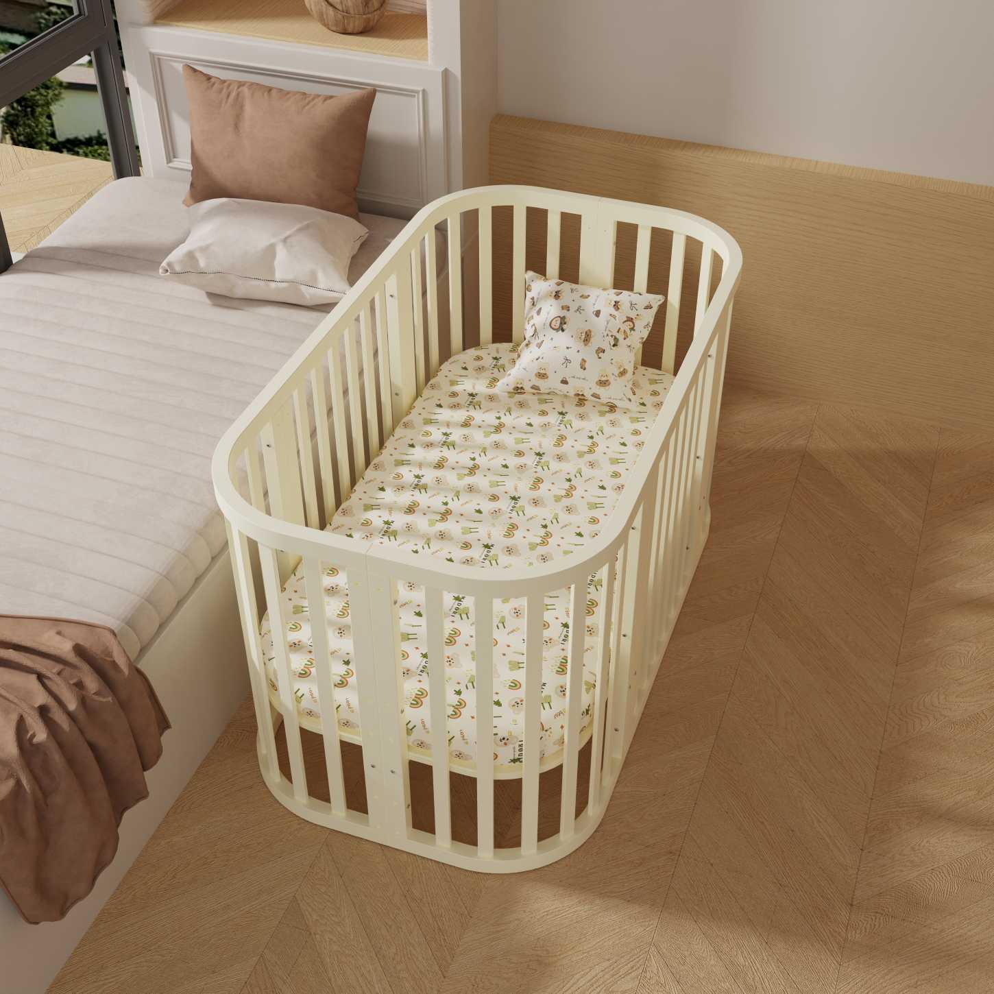 Dynamite Cream Rounded Rectangle Solid Wood Convertible Baby Crib Full Safety Spindle Cot
