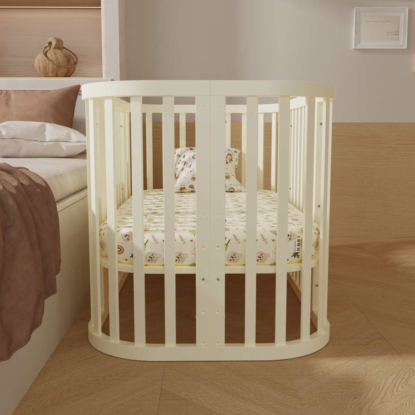 Dynamite Cream Rounded Rectangle Solid Wood Convertible Baby Crib Full Safety Spindle Cot