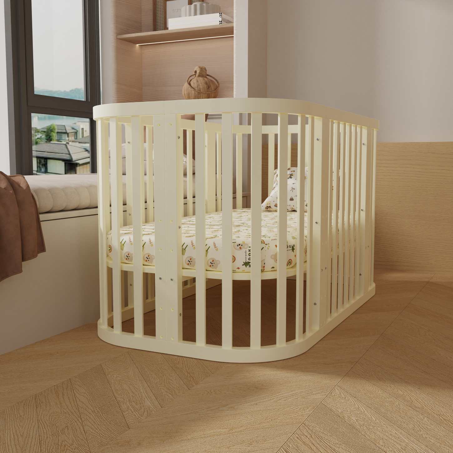 Dynamite Cream Rounded Rectangle Solid Wood Convertible Baby Crib Full Safety Spindle Cot
