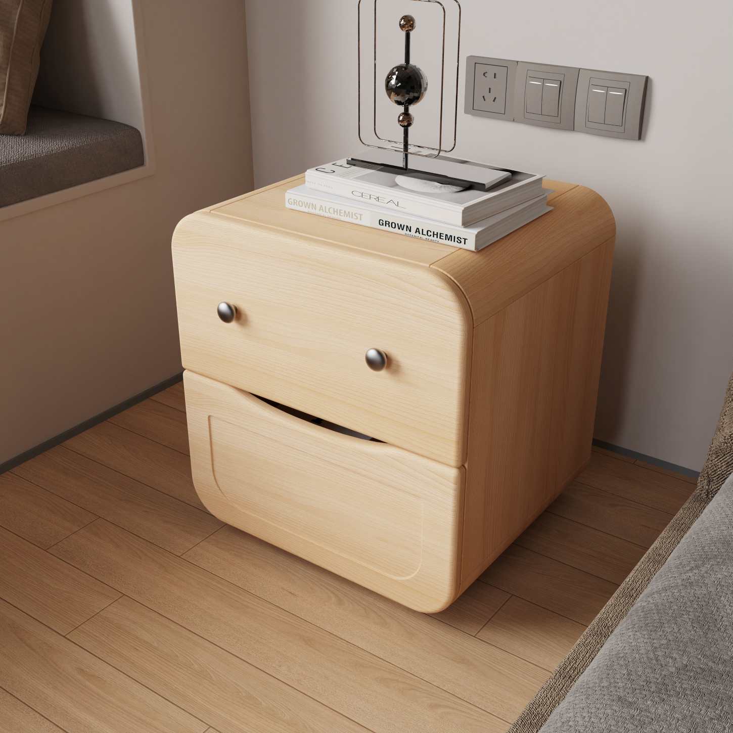 Dynamite Natural Solid Wood Nightsta nd Two Drawer Rounded Edge Bedside Storage Cabinet