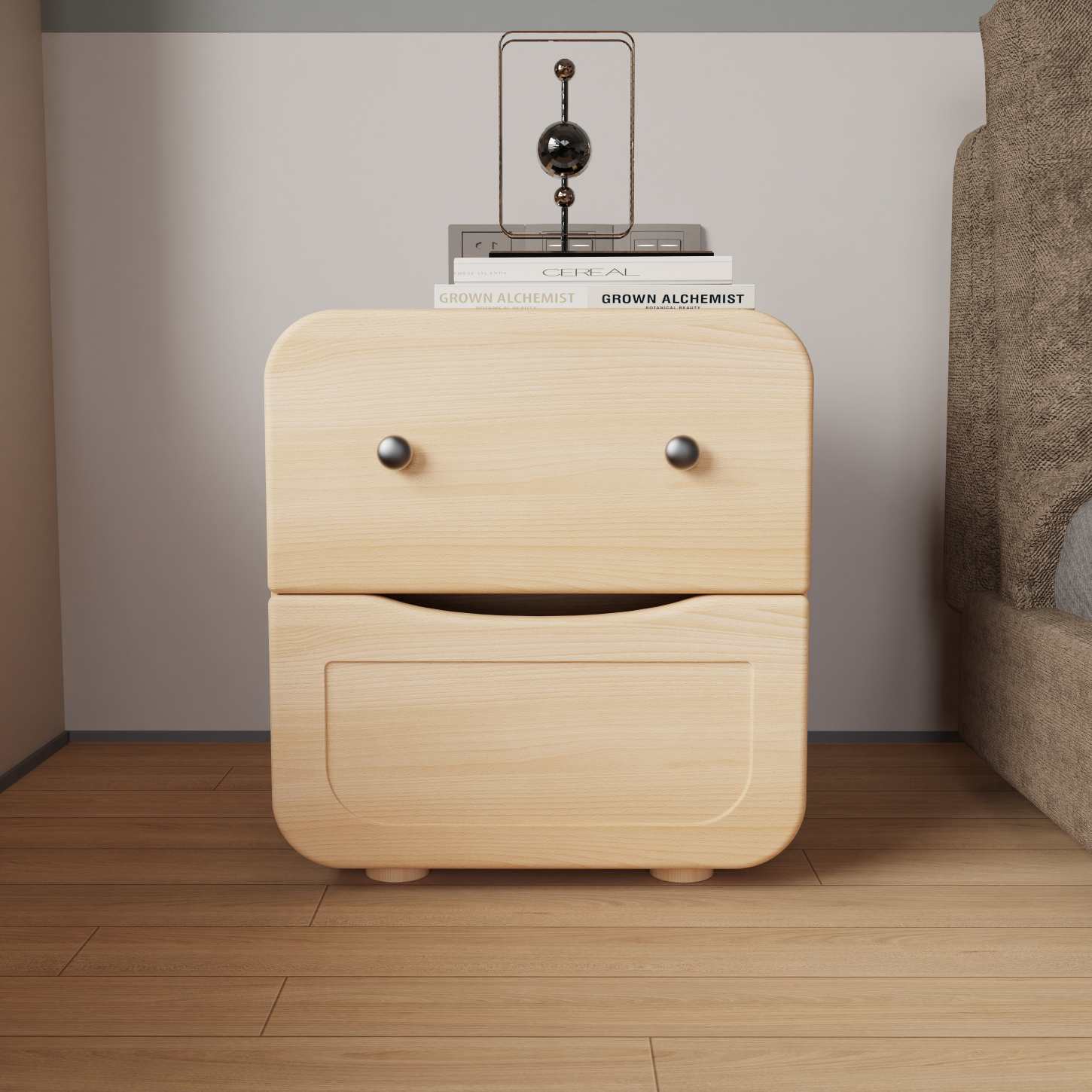 Dynamite Natural Solid Wood Nightsta nd Two Drawer Rounded Edge Bedside Storage Cabinet