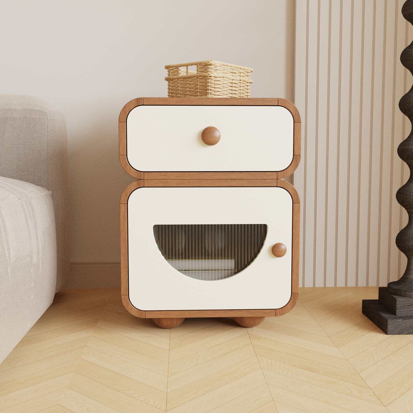 Dynamite Two Drawer Wood Nightstand Rounded Edge Fluted Glass Bedside Storage Cabinet
