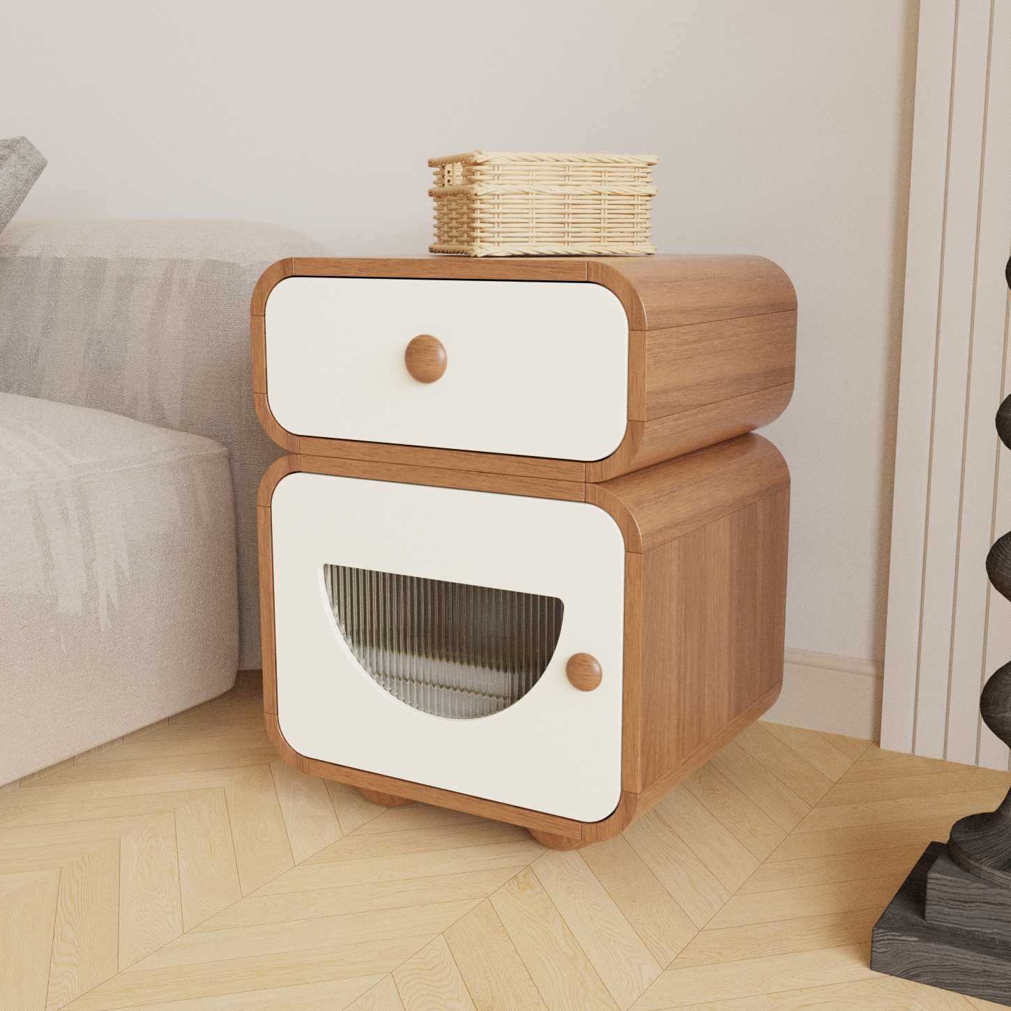 Dynamite Two Drawer Wood Nightstand Rounded Edge Fluted Glass Bedside Storage Cabinet