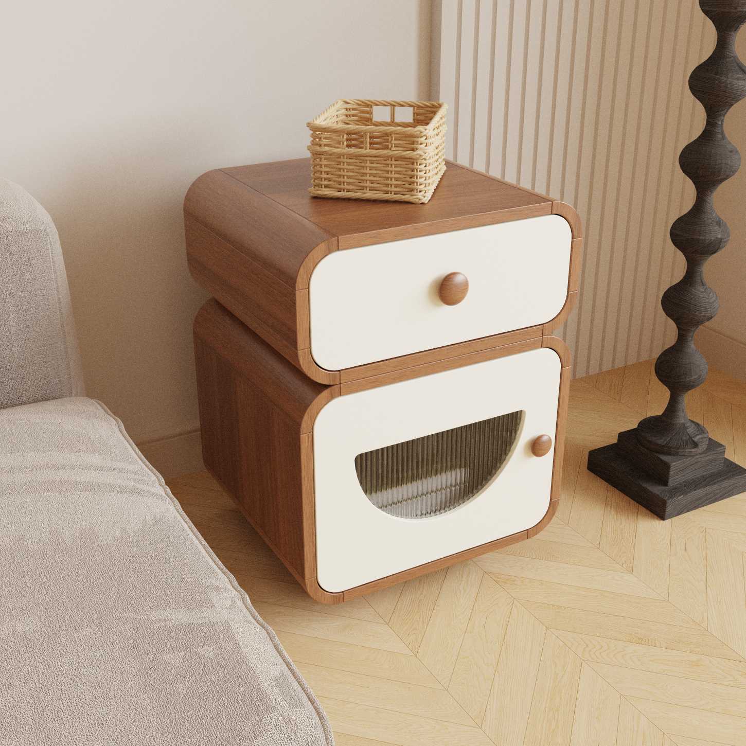Dynamite Two Drawer Wood Nightstand Rounded Edge Fluted Glass Bedside Storage Cabinet