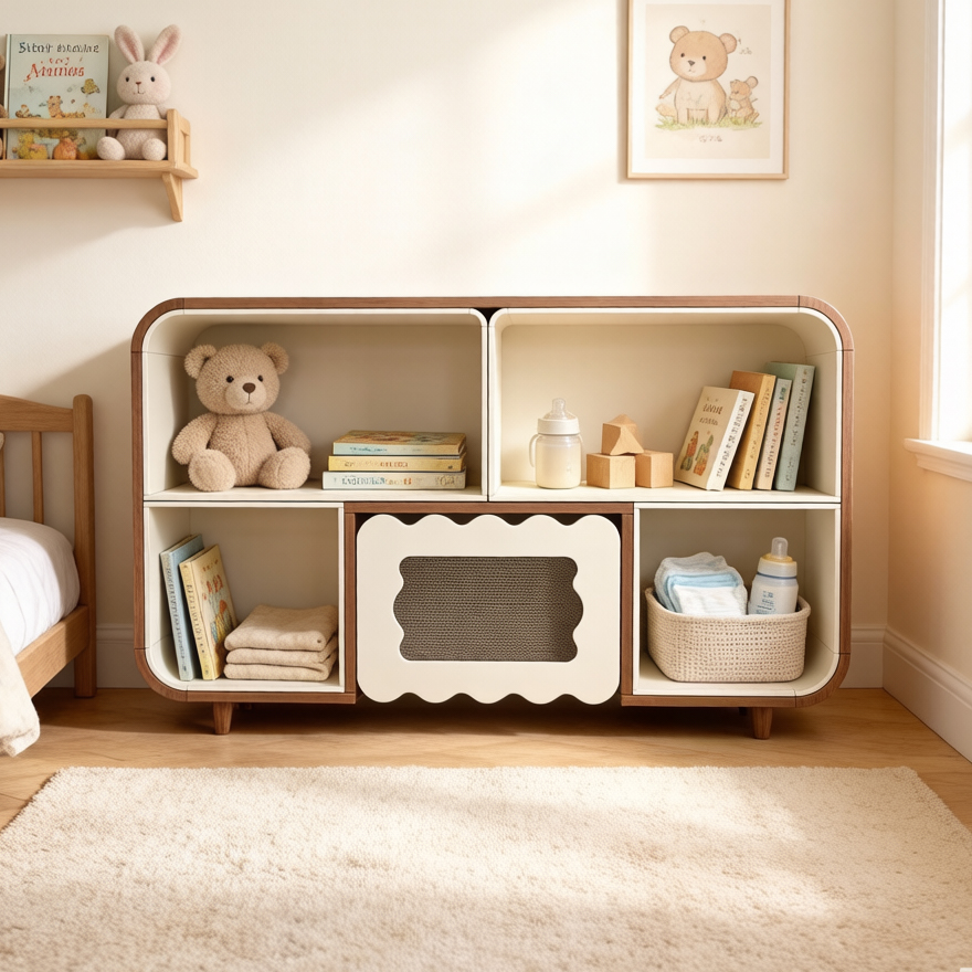 Dynamite Kids Rounded Wood Storage Cabinet Wave Mesh Door Toy Book Organizer For Nursery