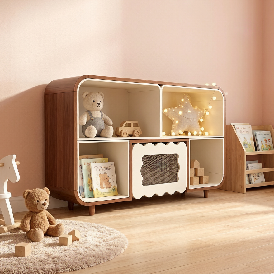 Dynamite Kids Rounded Wood Storage Cabinet Wave Mesh Door Toy Book Organizer For Nursery