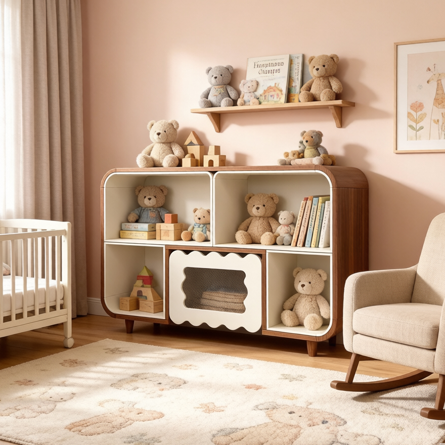 Dynamite Kids Rounded Wood Storage Cabinet Wave Mesh Door Toy Book Organizer For Nursery