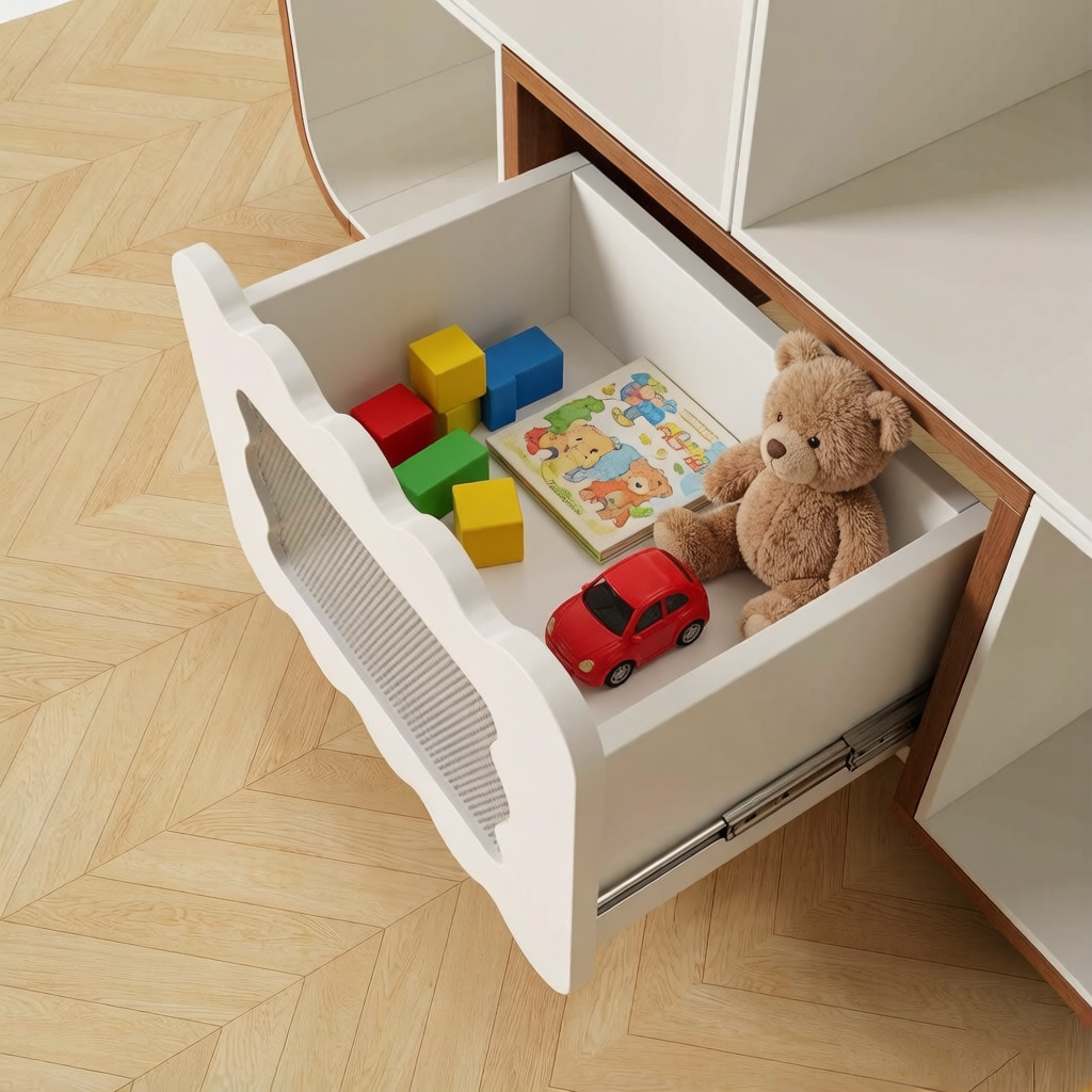 Dynamite Kids Rounded Wood Storage Cabinet Wave Mesh Door Toy Book Organizer For Nursery