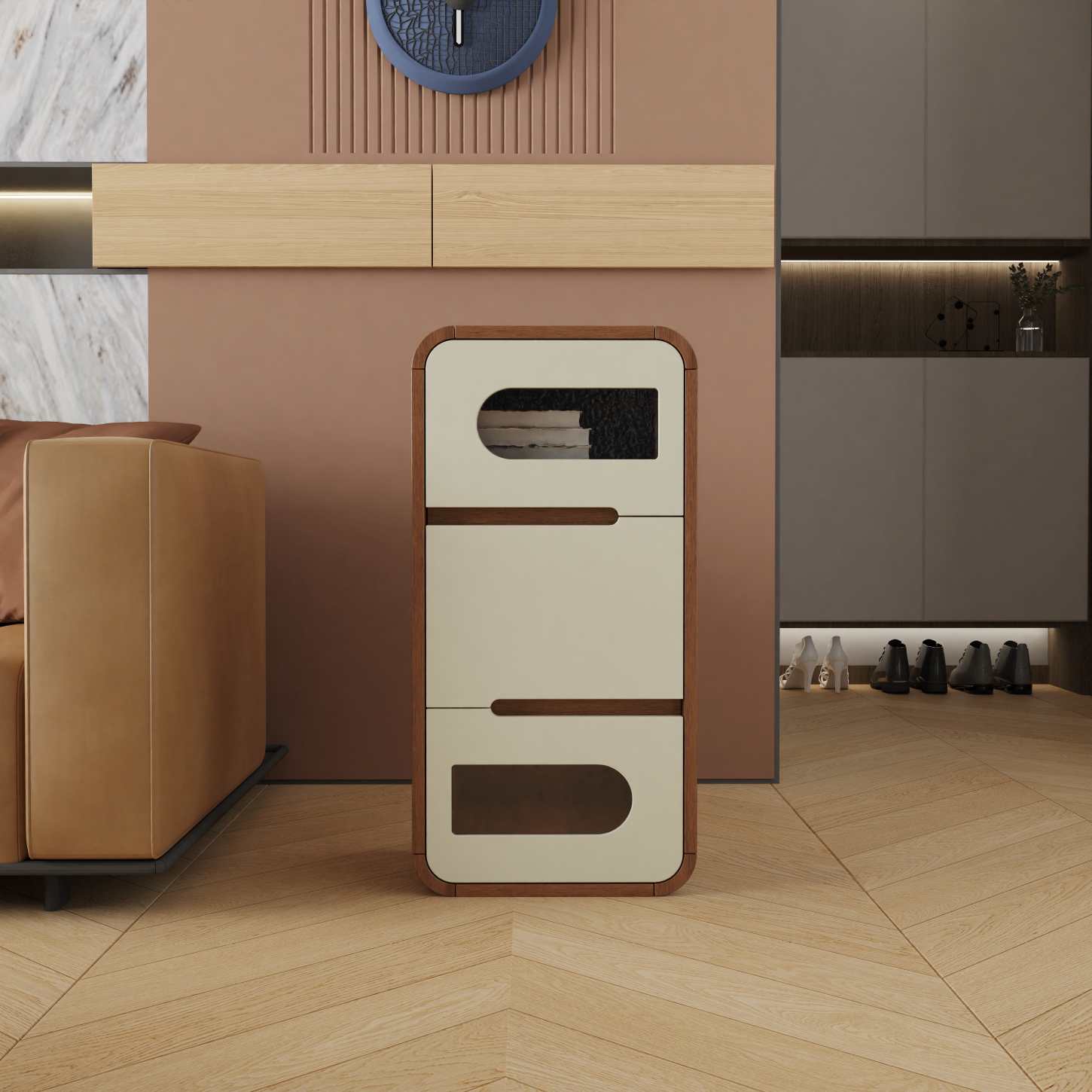 Dynamite Three Drawer Slim Solid Wood Nightstand Rounded Edge Recessed Handle Bedside Cabinet
