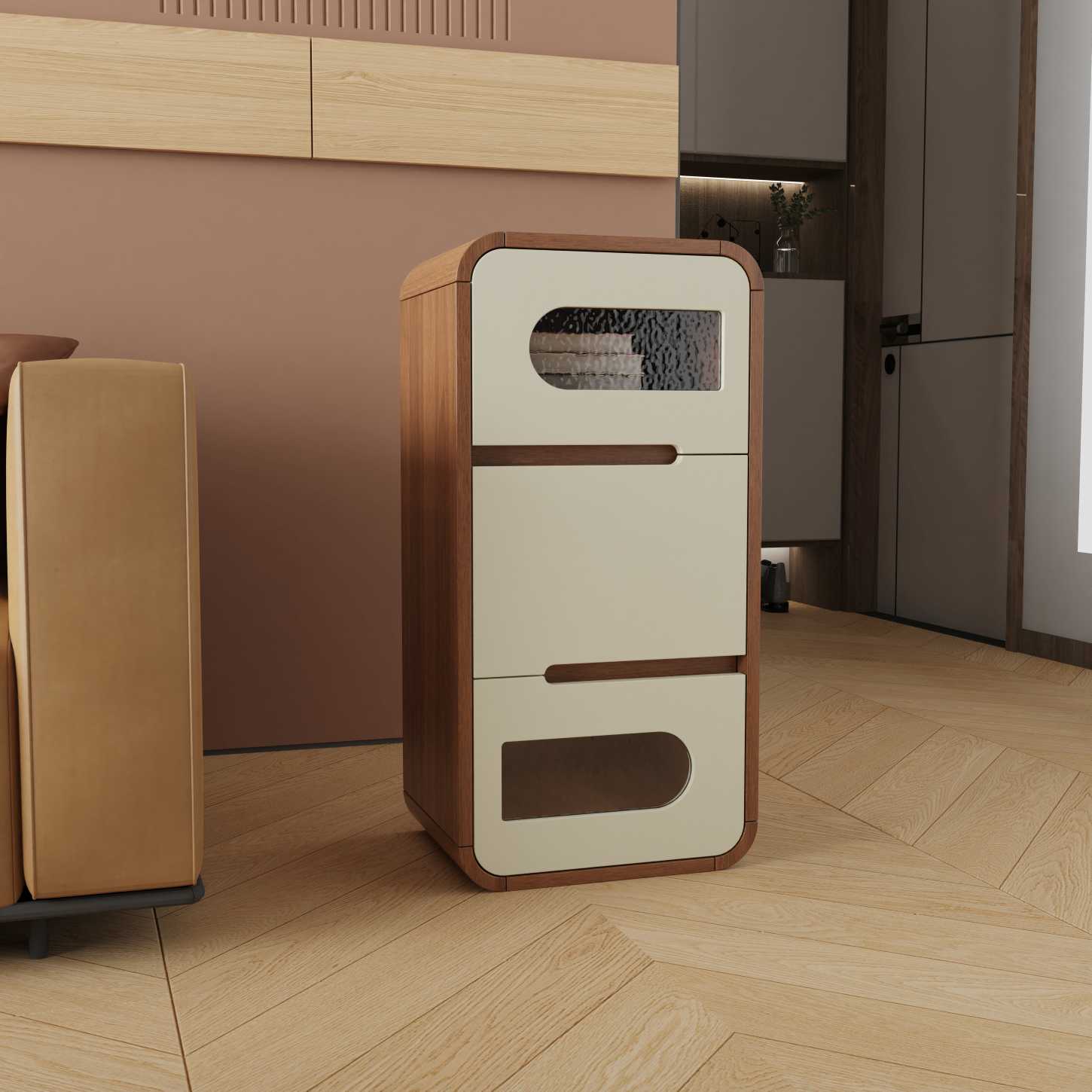 Dynamite Three Drawer Slim Solid Wood Nightstand Rounded Edge Recessed Handle Bedside Cabinet