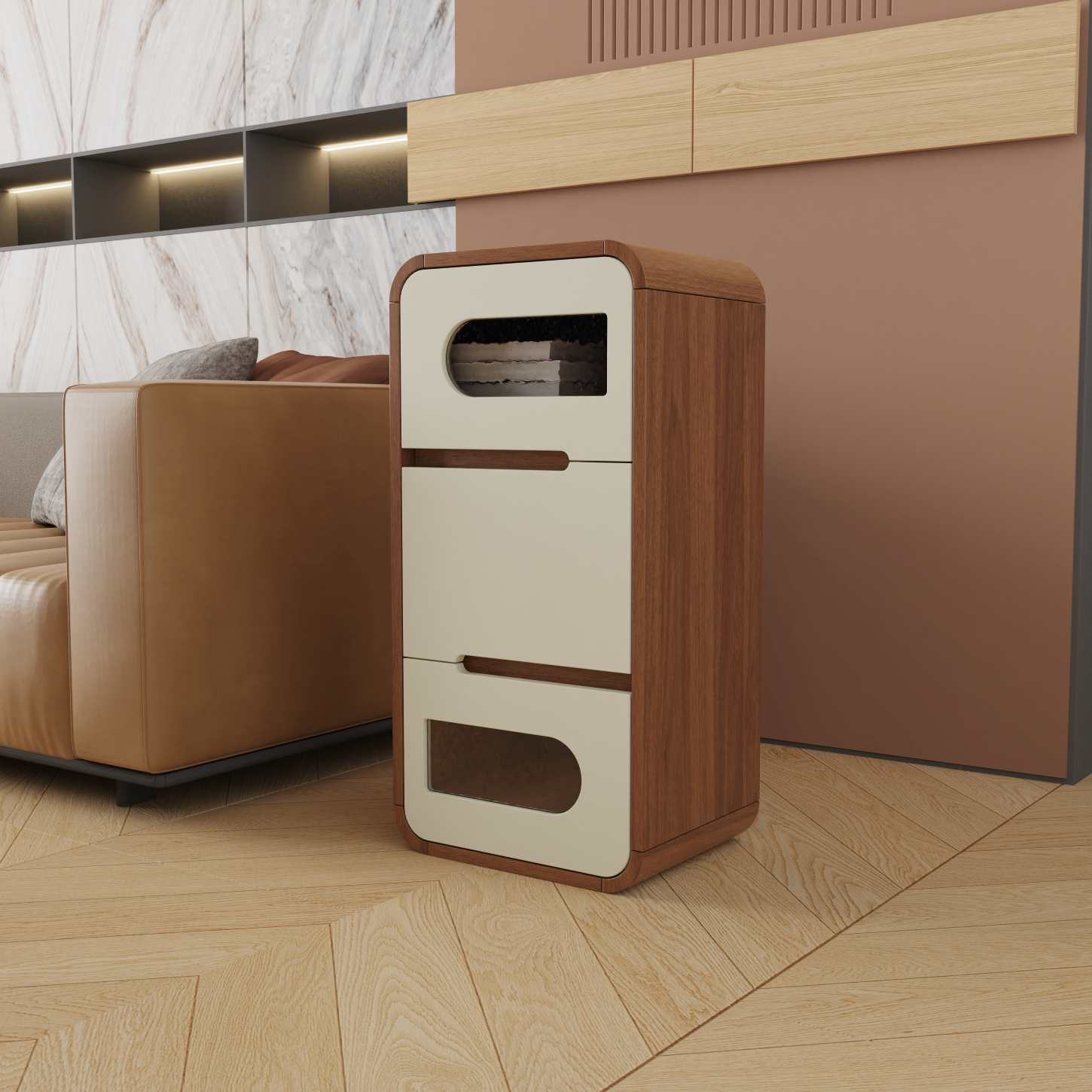 Dynamite Three Drawer Slim Solid Wood Nightstand Rounded Edge Recessed Handle Bedside Cabinet