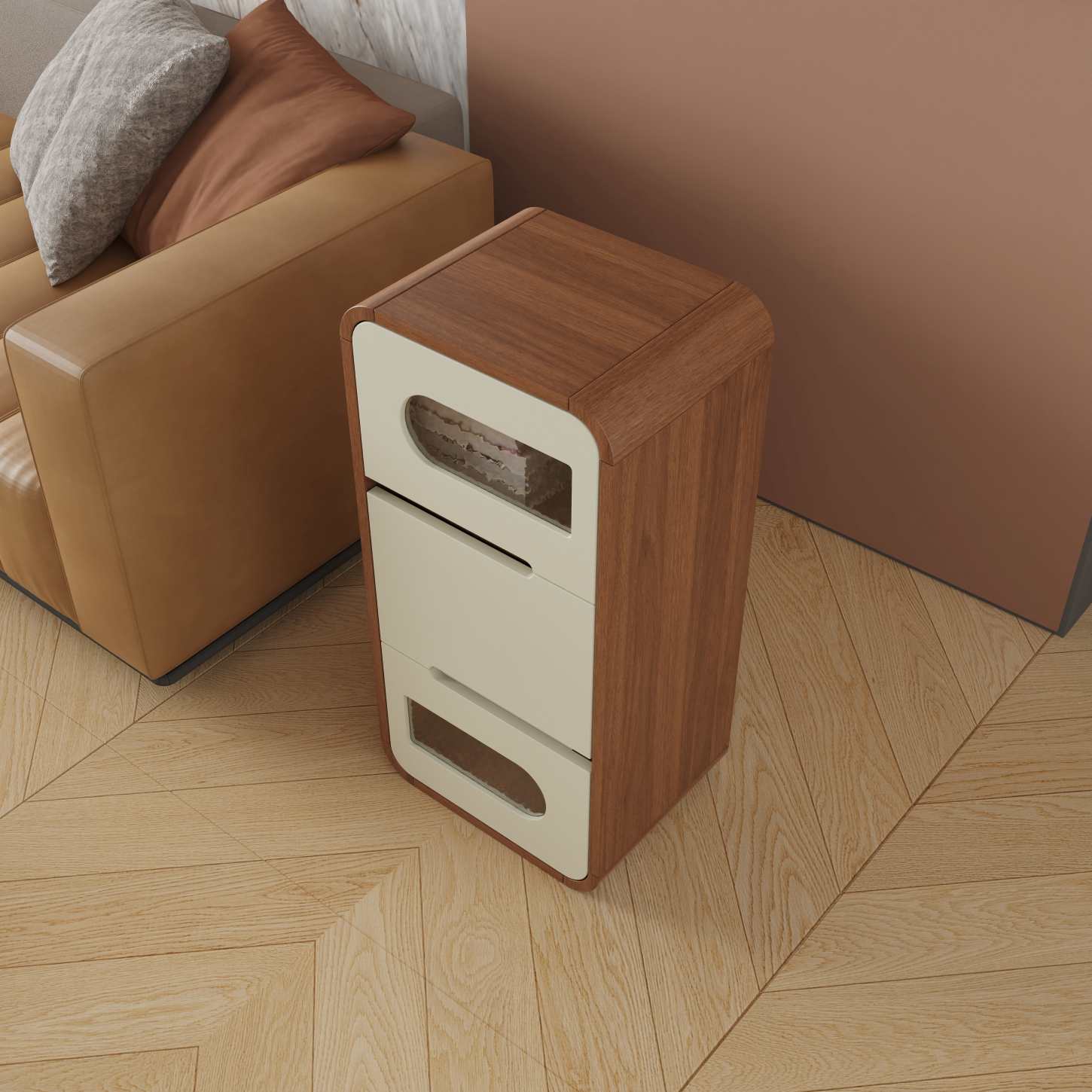 Dynamite Three Drawer Slim Solid Wood Nightstand Rounded Edge Recessed Handle Bedside Cabinet