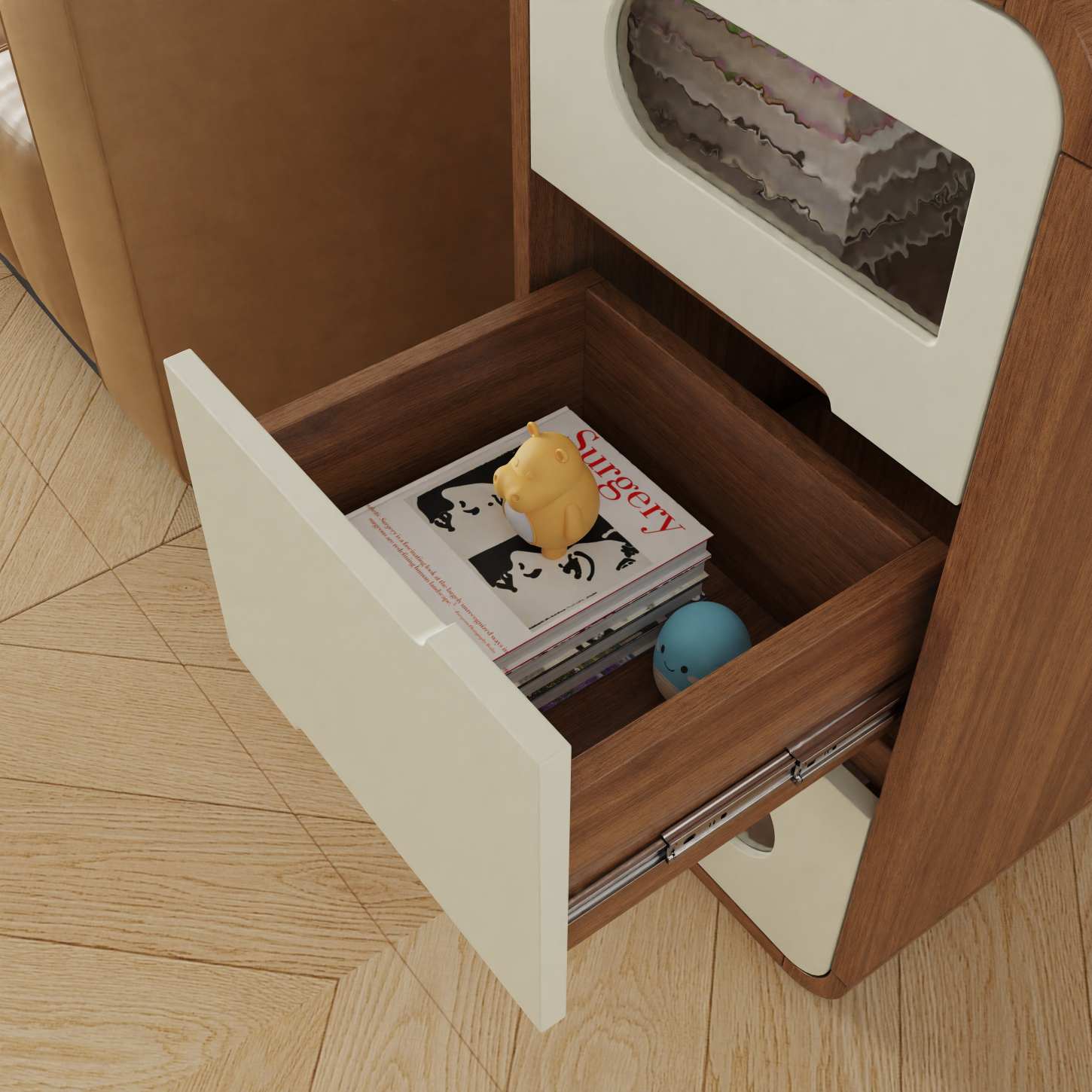 Dynamite Three Drawer Slim Solid Wood Nightstand Rounded Edge Recessed Handle Bedside Cabinet