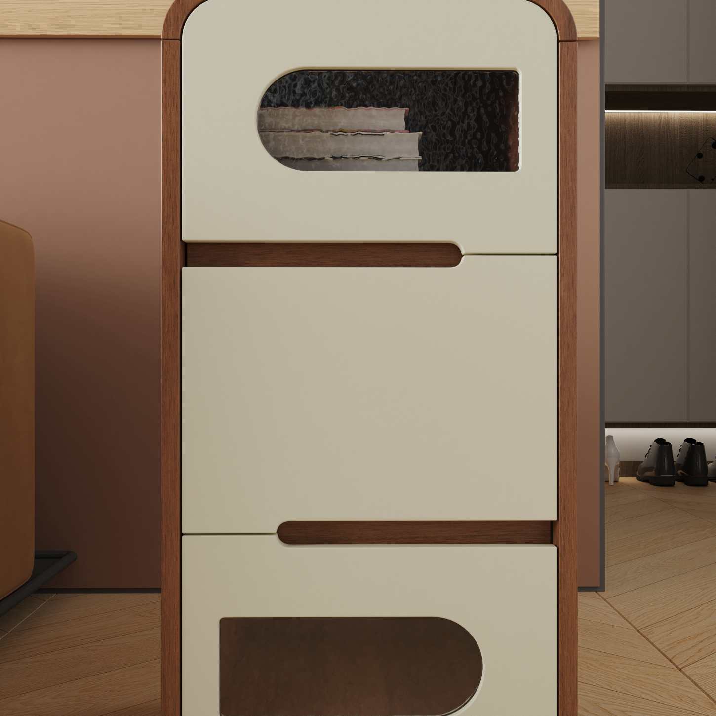 Dynamite Three Drawer Slim Solid Wood Nightstand Rounded Edge Recessed Handle Bedside Cabinet