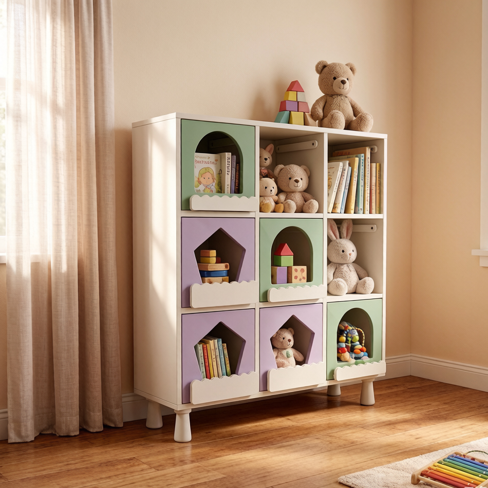 Dynamite 9 Cubby Kids Toy Storage Cabinet Pastel Color House Cutout Children Book Organizer