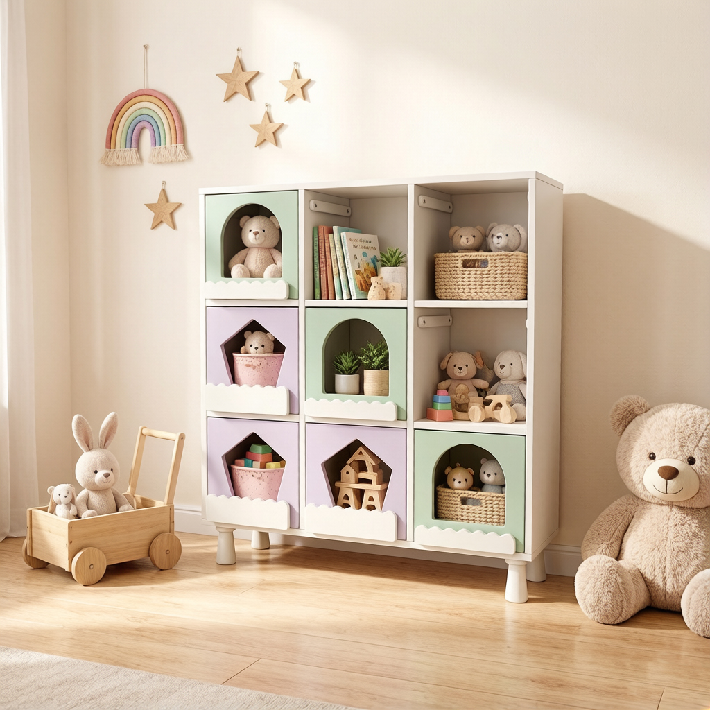 Dynamite 9 Cubby Kids Toy Storage Cabinet Pastel Color House Cutout Children Book Organizer